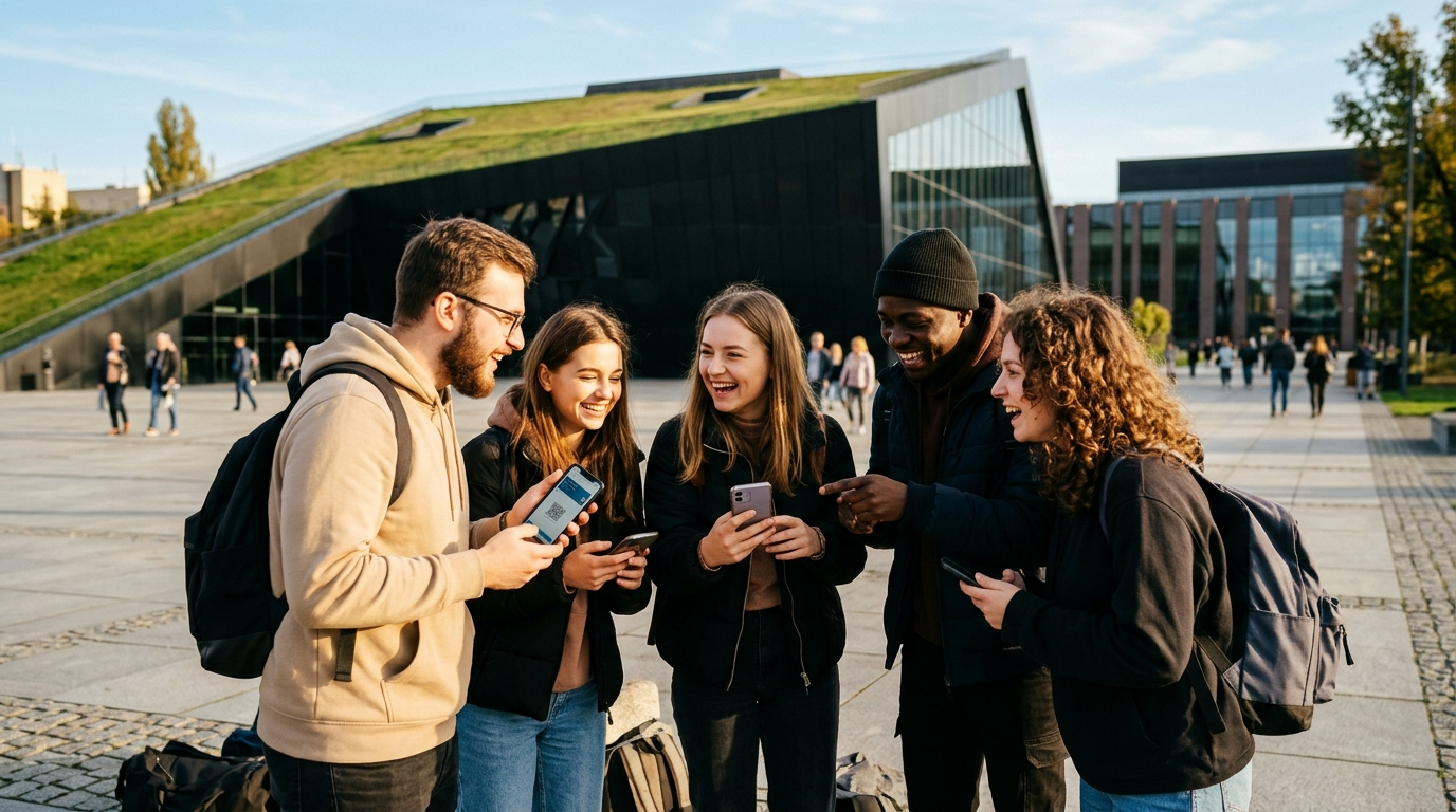 Radośni studenci w Szczecinie sprawdzają darmowe bilety na Weekend Kultury na smartfonach przed nowoczesnym budynkiem w Polsce. Słoneczna kultura i rozrywka.