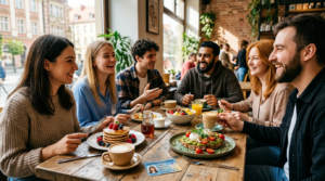 Studenci w słonecznej kawiarni jedzą pancakes i tosty z awokado. Na stole legitymacja. Zniżka studencka na popisowe dania i festiwal BreakfastWeek.