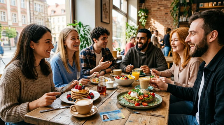 Studenci w słonecznej kawiarni jedzą pancakes i tosty z awokado. Na stole legitymacja. Zniżka studencka na popisowe dania i festiwal BreakfastWeek.