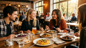 Uśmiechnięci studenci jedzą dania sezonowe w słonecznej, nowoczesnej restauracji. Jesienna edycja festiwalu RestaurantWeek, zniżki i tanie posiłki.