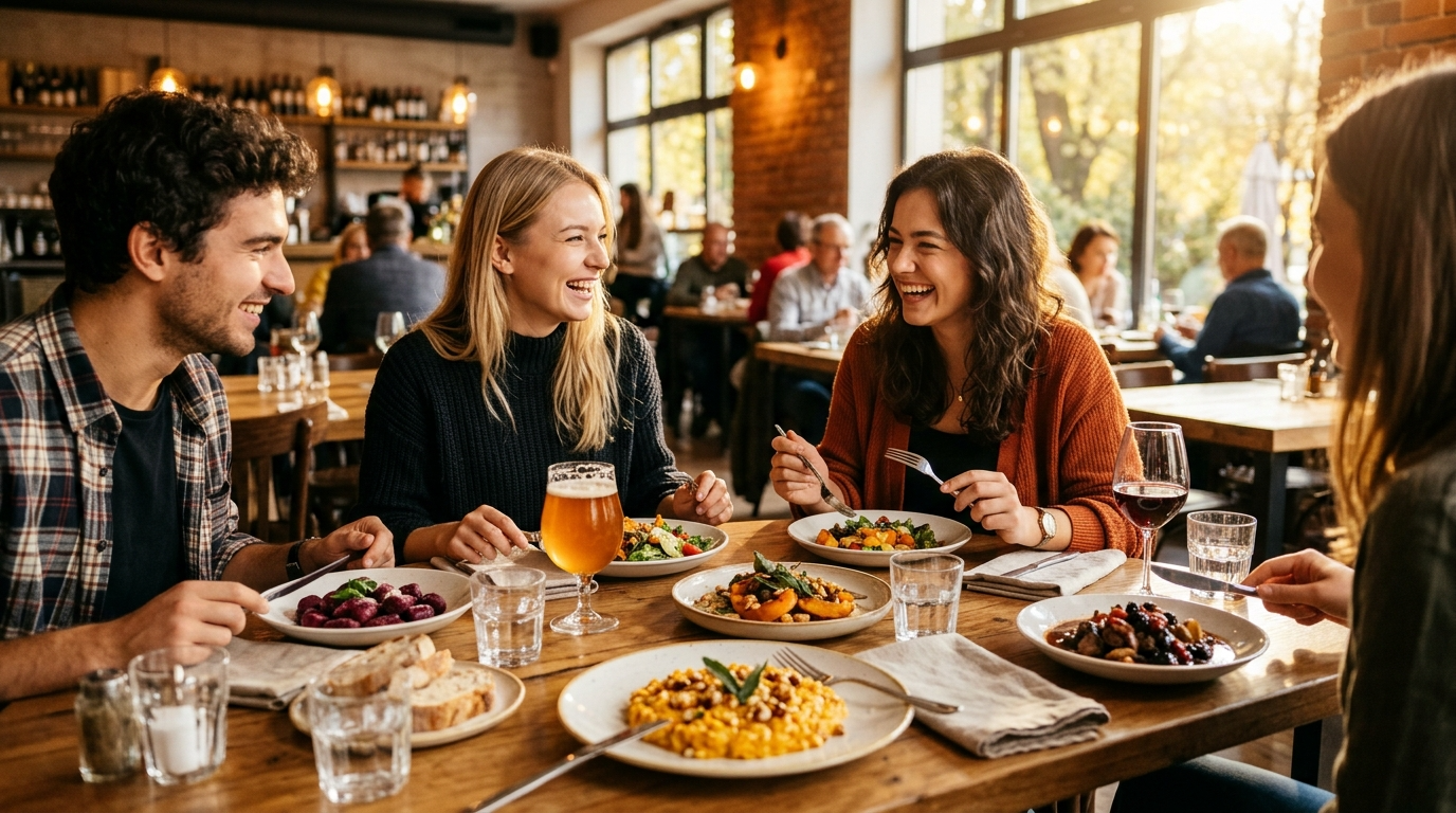 Uśmiechnięci studenci jedzą dania sezonowe w słonecznej, nowoczesnej restauracji. Jesienna edycja festiwalu RestaurantWeek, zniżki i tanie posiłki.